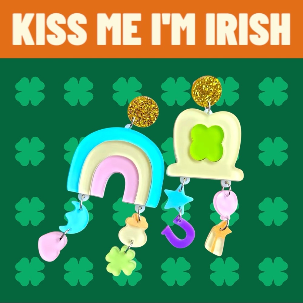 Lucky Charms St Patrick’s Day Womens Earrings Fun Flirty Rainbow Clovers Green